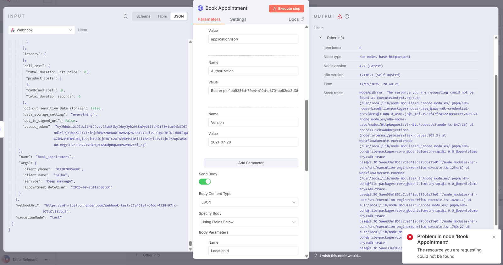 n8n API response and testing panel